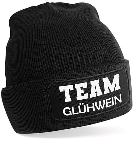 Herzbotschaft Beanie Strickmütze mit Spruch | Team Glühwein | schwarz | Unisex SoftTouch angenehm weiche und warme Wintermütze | OneSize Einheitsgröße für Erwachsene