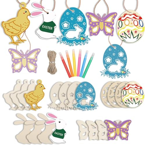 DERAYEE 20 Stück Ostern Basteln Holz,Holzanhänger Ostereier zum Bemalen,DIY Ostern Anhänger Holz, Osterhase Ostereier Küken,mit Schnur,Stifte,Osterdeko basteln Kinder