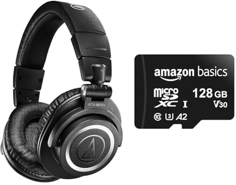 Audio-Technica M50xBT2 Kabelloser Kopfhörer Schwarz & Amazon Basics – MicroSDXC-Speicherkarte, 128 GB, mit SD-Adapter, A2, U3, 100 MB/s max. Lesegeschwindigkeit, Schwarz