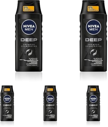 NIVEA MEN Deep Shampoo, Shampoo gegen fettige Haare mit Aktivkohle, revitalisierendes Männer Shampoo für ein langanhaltendes Frischegefühl, veganes Shampoo für Tiefenreinigung (250 ml) (Packung mit 5)
