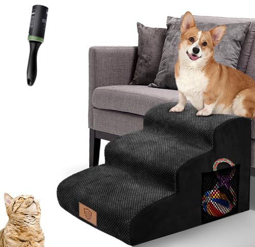 MASTERTOP Escaliers pour Chiens à 3 Marches en Éponge Haute Densité, Échelle Large pour Animaux de Compagnie, Escaliers Chien Antidérapant avec Housse Amovible pour Monter Canapé et Lit (Noir)