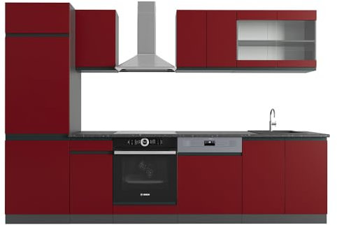 Vicco Küchenzeile R-Line, Küchenblock, Rot/Anthrazit, 300 cm, AP Anthrazit