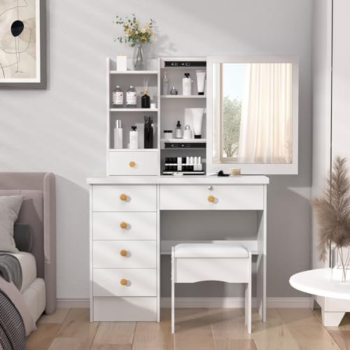SpirWoRchlan Dressing Table with Mirror, Vanity Table with Mirror, Makeup Desk with 6 Drawers and Open shelves, Modern Bedroom Dresser Makeup Table, Dressing Table With Mirror and Stool