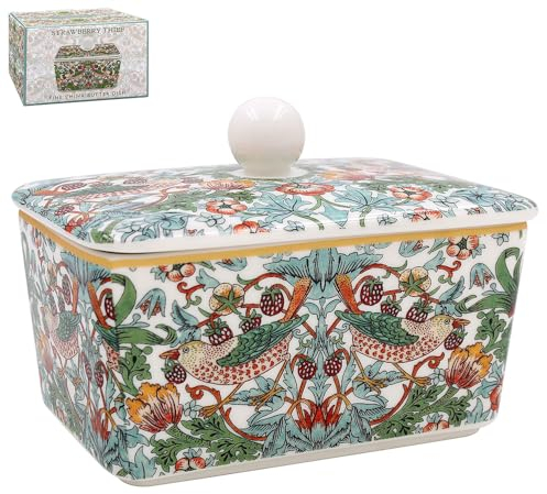 Beurrier en céramique avec couvercle – William Morris' Strawberry Thief (vert)