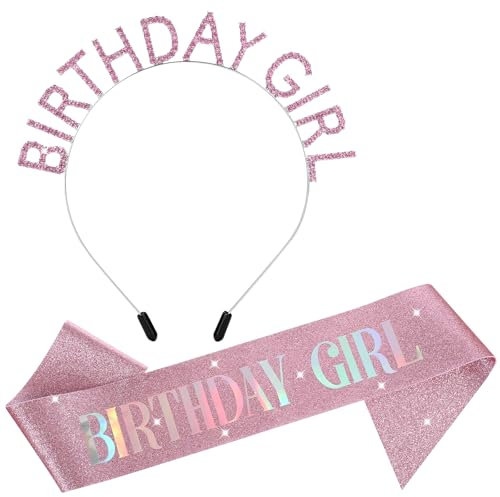 Sibba Geburtstag Tiara Kronen Golden Happy Birthday Schärpe Set Prinzessin Königin Strass glänzendes Stirnband Geschenke für Erwachsene Frauen Feiern Party Abschlussball Kostüm Outfit (Rosa)