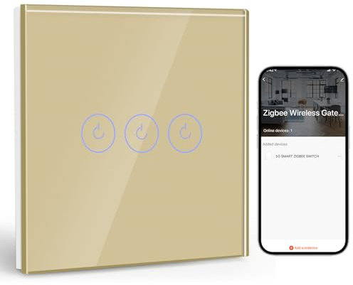 BSEED Smart ZigBee Interruptor 3 Gang 1 Vía, Interruptor de Pared Inteligente con Alexa y Google Home, Interruptor Táctil (Cable Neutro, Hub Gateway necesario) Oro