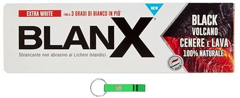 8x BlanX Dentifricio Black Volcano, Dentifricio Sbiancante Aufhellende Zahnpasta mit isländischer Flechte und Vulkanasche 75ml + Beni Culinari Kostenloser Schlüsselanhänger