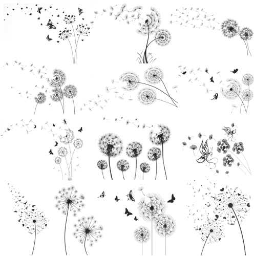Temporäre Tattoos Erwachsene, 13 Blatt Schwarz Klebetattoos, Wasserdichte Temporäre Tattoos mit Pusteblume Design, Realistische Pusteblume Klebetattoos für Männer, Frauen, langanhaltend für 3-5 Tage