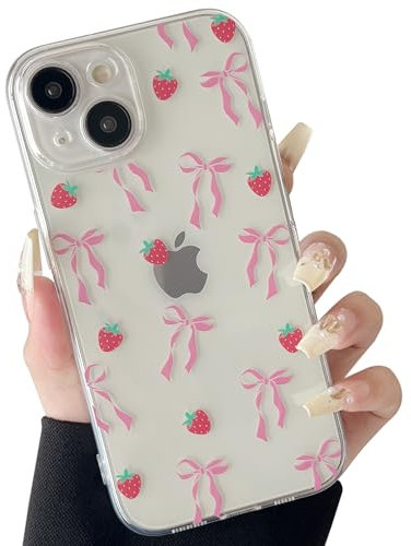 ZTOFERA Clear Case for iPhone 14 Plus, Cute Strawberry & Ribbon Bowknot Pattern Design Aesthetic Transparent Phone Case Soft Flexible TPU Shockproof Protective Cover for Women Girls - Rosy Ribbon