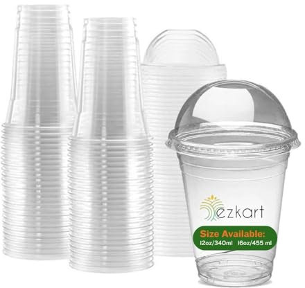 ezkart Pack of 50 | 12oz Strong Quality Crystal Clear Plastic Smoothie Cups with Dome Lids, Perfect for Smoothies, Milkshakes, iced Coffee, Tea, and Other Thick Drinks. 100% Reusable Cups.