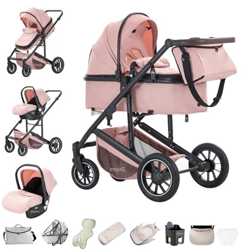 Zkiprm Poussette 3-en-1, Système de Voyage Avec Siège Auto, Landau et nacelle, Accoudoirs Réglables, Habillage pluie, Gant, Moustiquaire, Châssis en aluminium, Landau à profil haut pour 0-4 ans,Rose