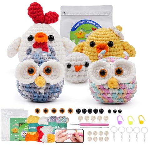 LetCart Häkeln für Anfänger mit Anleitung, Häkelsets für Anfänger, Strickset, Weiches Garn, Eisstreifenlinie, Geschenk zum Geburtstag, Schritt-für-Schritt Videoanleitung (2 Eulen + 3 Küken)