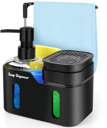 Richenda 4-in-1 Soap Dispenser with Dishcloth Hanger & Sponge Holder – Kitchen Sink Soap Pump Organizer for Dishwashing, Refillable Liquid Soap Dispenser for Countertop Storage (Black)