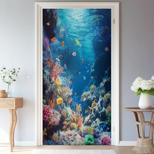 3D Türaufkleber 88 x 200 cm Unterwasser Korallenriff Tropische Fische Türtapete Selbstklebend Wasserdicht Abnehmbar Türfolie TürPoster Fototapete Wohnzimmer Schlafzimmer Kinderzimmer Dekoration Bunt