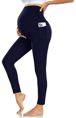 Nlieanuc Legging Grossesse Femme Taille Haute Leggings Maternité avec Poches Opaque Pantalon Grossesse Femme Vetement Enceinte