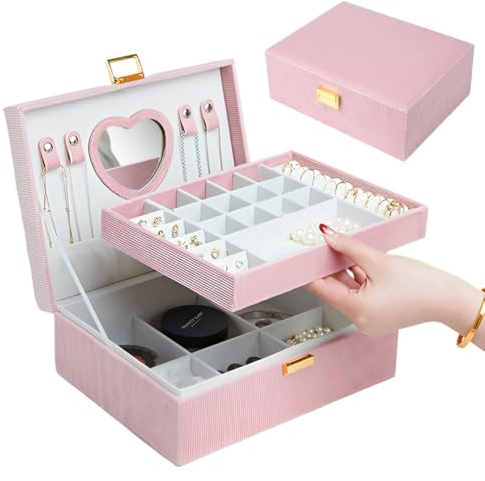 Peelanmall Portagioie da viaggio, a 2 piani, piccolo, in velluto rosa, 20 x 25 x 9,5 cm, con specchio a cuore e chiusura in metallo, per anelli, collane, orecchini