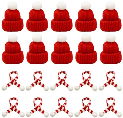 MAJOYLIFE 20 Stück Mini weihnachtsmütze und schal set,Mini strickmützen,Mini-weihnachtsmütze Für DIY Bastelprojekte,Weihnachtsdekorationen, Dekorationen für Weinflaschen