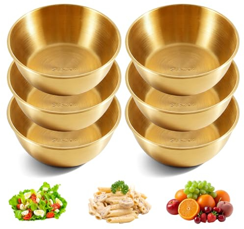 SUNOYA Juego de 6 cuencos de acero inoxidable, diámetro de 17 cm, color dorado y acero inoxidable, capacidad para ensalada, cuenco redondo para servir ensalada, cuenco para servir aperitivos, cuencos
