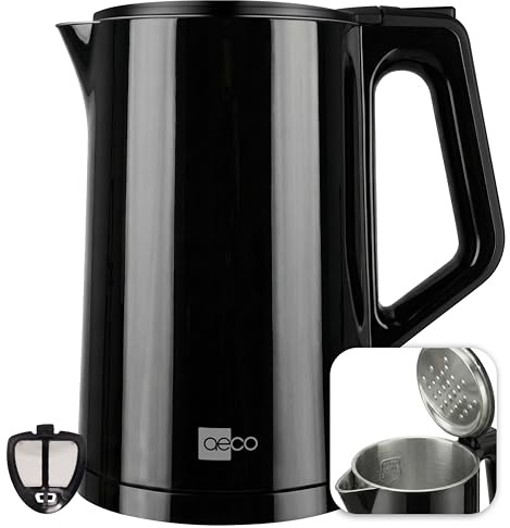 aeco AQA PRO elektrischer Wasserkocher Edelstahl Tee-Kocher Teebereiter electric kettle tea-maker boiler | 1,5 Liter, BPA-frei, Kalk-Filter, kabellos, Cool-Touch-Doppelwand, stylisch modern schwarz