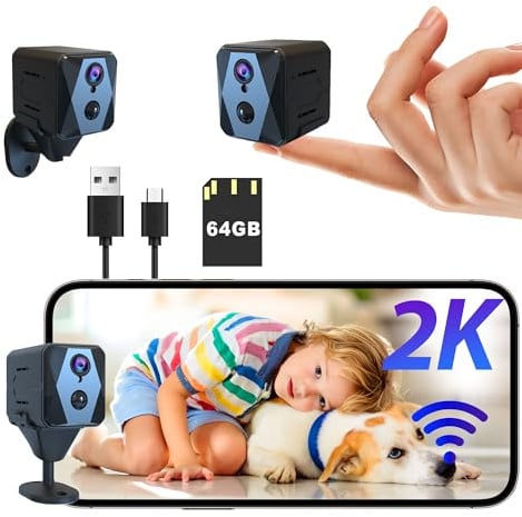 javiscam Mini Kamera 2K Kamera Überwachung Innen mit 64G SD WLAN Überwachungskamera Innen,WiFi Camera Live Übertragung Handy APP Für Lange Standby Akku Kamera,Bewegungsmelder Nachtsicht