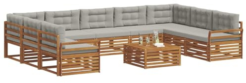 vidaXL Sofagarnituren 10 pcs Natürlich und Hellgrau Massivholz Akazie, Moderner Garten-Sofa, Outdoor-Sitzgruppe, Lounge-Set für die Terrasse, bequem und robust
