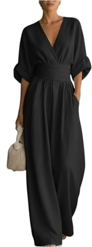 ZRYAZQ Jumpsuit Damen Sommer Elegant Mit Ärmel Overall Festlich Lang Tailliert Hosenanzug Hochzeitsgast Weites Bein Jumpsuits V Ausschnitt Buisness Romper Frauen Halbarm mit Tasche Sommer Playsuit