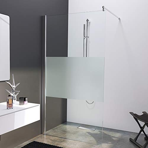 BIJON Duschwand 100 x 200 cm Teilsatiniertes Glas 8 mm ESG Duschabtrennung, Duschtrennwand, Walk-in Dusche, Glastrennwand, Nano-Lotuseffekt, M2