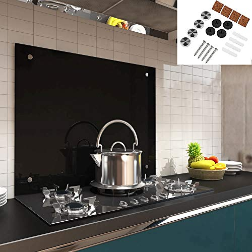 Melko - Spritzschutz Küchenrückwand aus 6 mm ESG-Sicherheitsglas - Anti-spritz Herdblende für Küche, Herd & Fliesen - Hitzebeständige Glasplatte inkl. Befestigungsset & Schrauben - 70x55 cm Schwarz