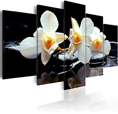 decomonkey Bilder Blumen Orchidee 225x112.5 cm XXL 5 Teilig Leinwandbilder Bild auf Leinwand Wandbild Kunstdruck Wanddeko Wand Wohnzimmer Wanddekoration Deko Natur Spa Zen