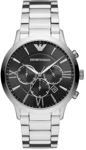 Emporio Armani Montre pour homme, mouvement chronographe, boîtier en acier inoxydable argenté de 43 mm avec bracelet en acier inoxydable, AR11208