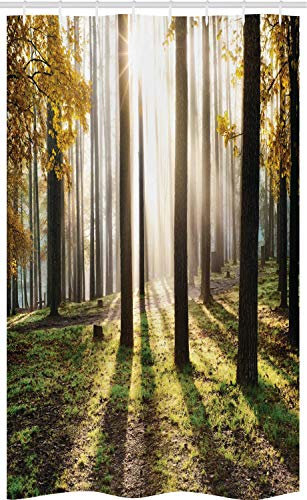 ABAKUHAUS Natur Schmaler Duschvorhang, Waldblätter bei Sonnenaufgang, Badezimmer Deko Set aus Stoff mit Haken, 120 x 180 cm, Gelb Grün Braun