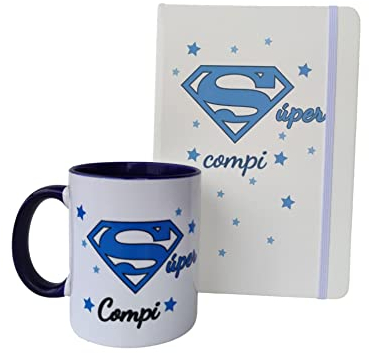 Pack de LIBRETA y Taza con Mensaje Super compi Regalo Amigo Invisible Regalo compañero de Trabajo (Azul)