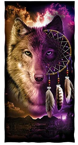 Große Strandtücher XXL Badetuch Schnell Trocknend Wasseraufnahme Extra Microfiber,3D Wolf Mond Traumfänger Motiv Handtuch Kinder Jugend Herren Erwachsene Kuscheldecke (lila braun,90 x 180 cm)