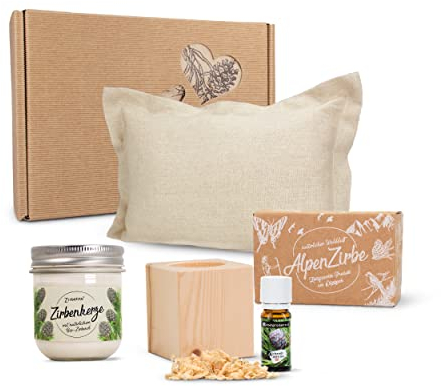 Zirben Erlebnis Geschenksbox Nr.5: Bio-Zirbenkissen mit ZirbenWürfel-Set und Zirbenduftkerze