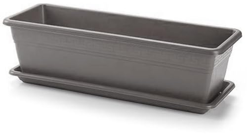 Tradineur - Jardinera de plástico con Plato Adán 20 litros. Macetero, Maceta para Plantas y Flores Rectangular de plástico con Agujeros de Drenaje (50 cm, Gris)