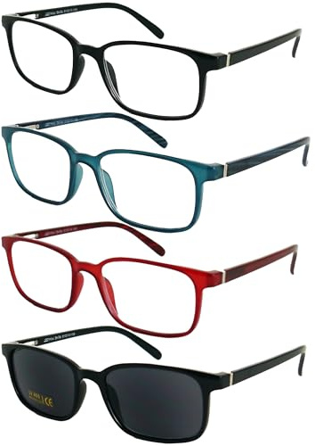 Lesebrillen 4er Set mit UV400-Sonnenlesebrille, Damen Herren, eckig | Vier Fassungen in Schwarz, Blaugrün und Rot; Kunststoff-Vollrand mit Federscharnieren und 21 g je Brille