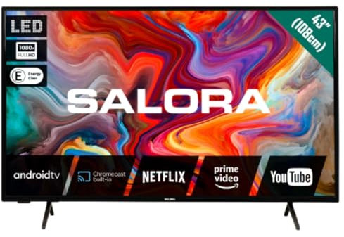 SALORA TV Pollici Smart TV 43 pollici Android HD Ready | HDR10, Dolby Vision | DVB-T2/S2 HEVC | Wi-Fi Dual Band, Bluetooth 5.0 | Chromecast Integrato | Classe Energetica E | VESA 200x200 | HDMI x3