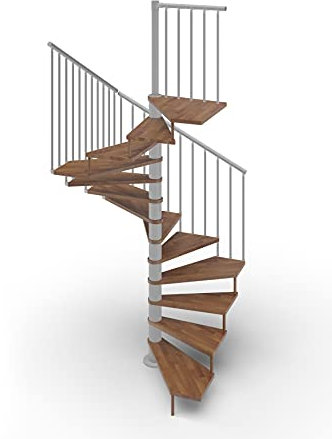 Escalera de caracol de planta cuadrada 120 x 120 cm. TEKLA 13 peldaños – Altura entre los pisos 267-312 cm. (nogal, acero plateado)