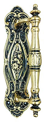 Anatolica Traditional Design 9.5'' Brass Ornate Door Pull Handle on Shaped Plate 24cm (Antique Brass)