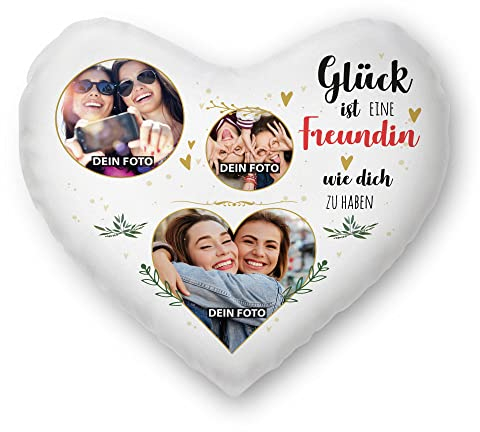 PR Print Royal Herzkissen selbst gestalten - mit 3 Fotos Bedrucken - Glück ist eine Freundin wie Dich zu haben - Geschenk Geburtstag Weihnachten - Herz Fotokissen inkl. Füllung, 40x44 cm