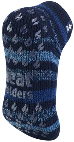 HEAT HOLDERS Herren Thermo-Slippersocken, 2,3 Tog, warm, dick, rutschfest, niedrig geschnitten, Knöchelsocken, Sneakersocken mit Griffen für den Winter, blau gestreift, 6-11
