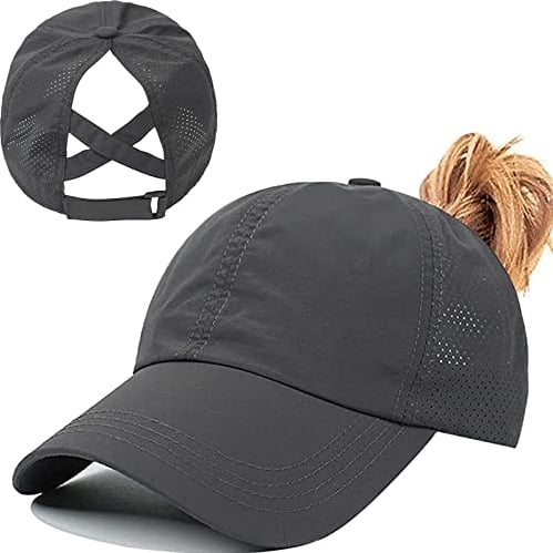 Pferdeschwanz Baseballkappe Damen Sommer Einstellbare Schnell trocknende Masche Atmungsaktiv Baseballmütze Unisex Criss Cross Hüte Sport Mütze (Dunkelgrau)