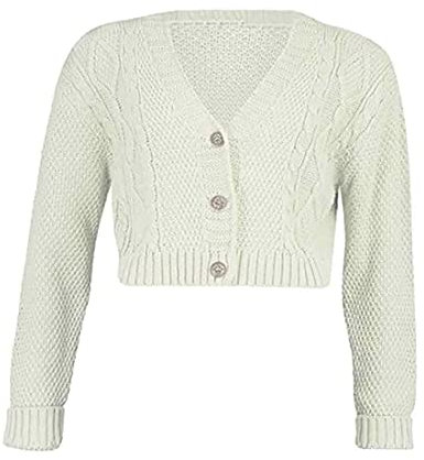 FAIRY BOUTIQUE Womens Long Sleeve 3 Button Cropped Chunky Aran Cable Knitted Ladies Crop Grandad Cardigan Cream
