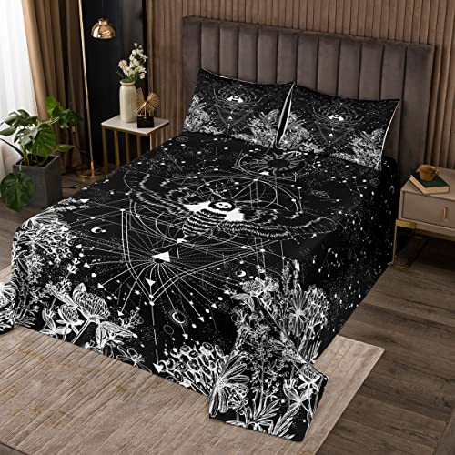 Gothic Moth Tagesdecke Set 240 x 260 Sonne und Mond Steppdecke Set Trippy Galaxy Bettdecke Sternenhimmel Bettwäsche Hippie Bohemian Bettdecke Psychedelische Astrologie Tagesdecke 3 teilig weiche