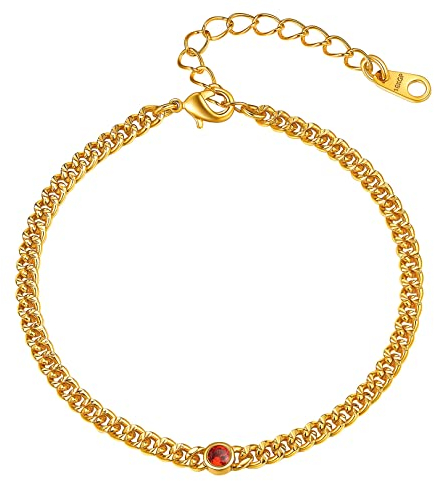 FOCALOOK Damen Juli Geburtsstein Fußkette 18k vergoldet 22+5cm/4,5mm Panzerkette Fußkettchen Synthetischer Rubin Knöchel Armband Sommer Strand Modeschmuck Accessoire für Mädchen