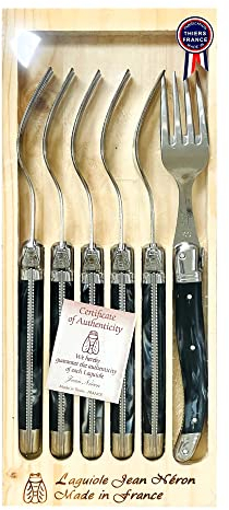 Jean Neron Set of 6 Table Forks in Wooden Box | Made in France Stainless Steel | ABS (Thermoplastic) Handle (Black Marble) (10101)