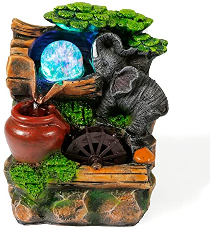 Dyna-Living Zimmerbrunnen Tischbrunnen mit Rollender Kugel, Brunnen Springbrunnen LED-Beleuchtung Mehrfarbig, Tischplatte Wasserbrunnen Wasserfall, Elefant Wasserrad Pflanzen, 20 x 15 x 10cm