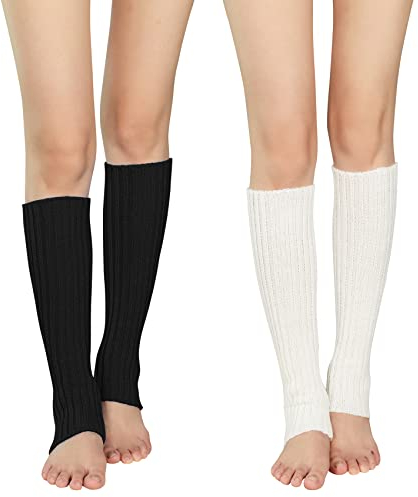 Durio Stulpen Damen Extra Warm Beinwärmer Winter Strick Häkelarbeit Legwarmers Verdicken Stricken Beinstulpen Damen Schwarz&Weiß Einheitsgröße