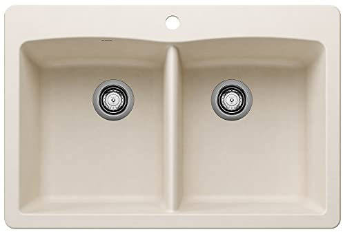 BLANCO 443067 Diamond Silgranit - Fregadero de cocina de doble tazón bajo encimera o empotrable, 33 pulgadas de largo x 22 pulgadas de ancho, color blanco suave