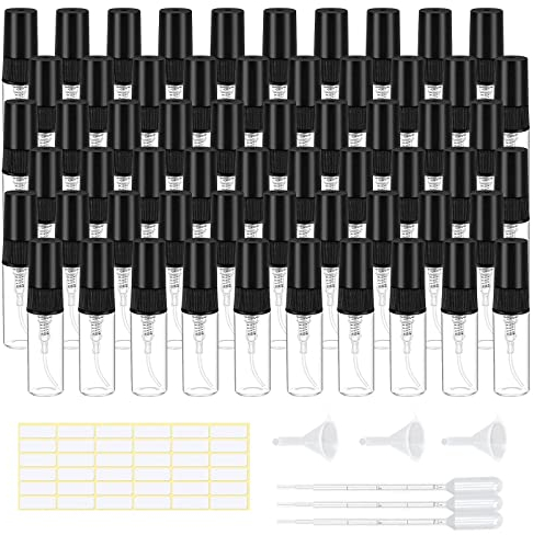 Vegena Mini Glas Parfümzerstäuber, 60stk Mini-Zerstäuber Glas, 3ml Sprühflasche Klein, Leer Parfüm Zerstäuber für Unterwegs mit 3 Pipetten + 3 Trichter und 1 Etikettenbogen, Feinnebel-Sprühflasche